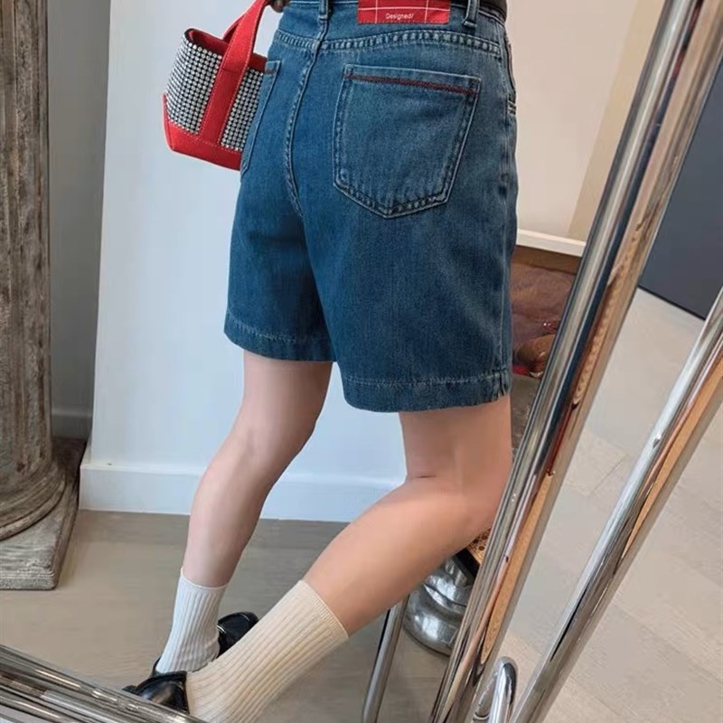 大碗plus定制大码女装微胖明线撞色深蓝牛仔短裤夏高腰显瘦五分裤
