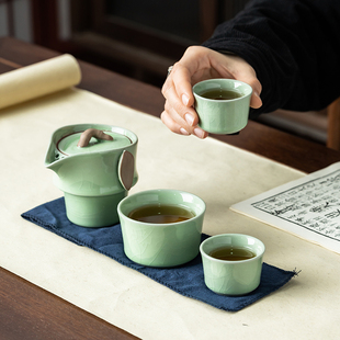 汝窑陶瓷功夫快客杯一壶t三杯便携式 户外泡茶壶出 旅行茶具小套装