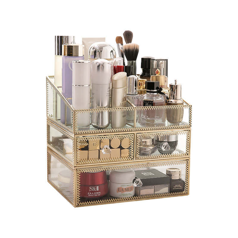 桌面化妆品收纳盒欧式梳妆台整理盒抽H屉透明玻璃化妆盒金属置物