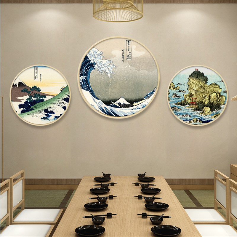 日式餐厅装饰画圆形m和风浮世绘挂画料理店背景墙面创意玄关壁画