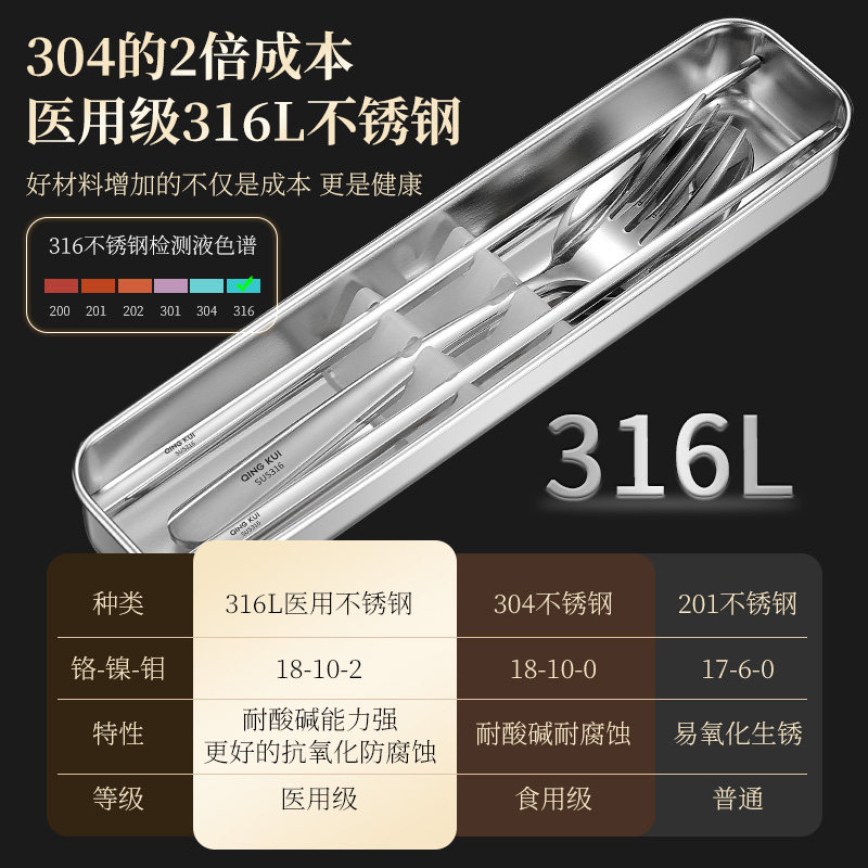 316L医用级不k锈钢筷子盒带盖单人装便携式餐具盒学生叉勺筷收纳
