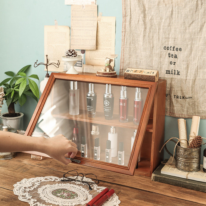 桌面收纳盒木质复古梳o妆台香水化妆品置物架书桌桌上杯子玻璃柜,收纳整理,桌面收纳盒,淘宝优惠券,粉丝福利购,淘宝优惠卷