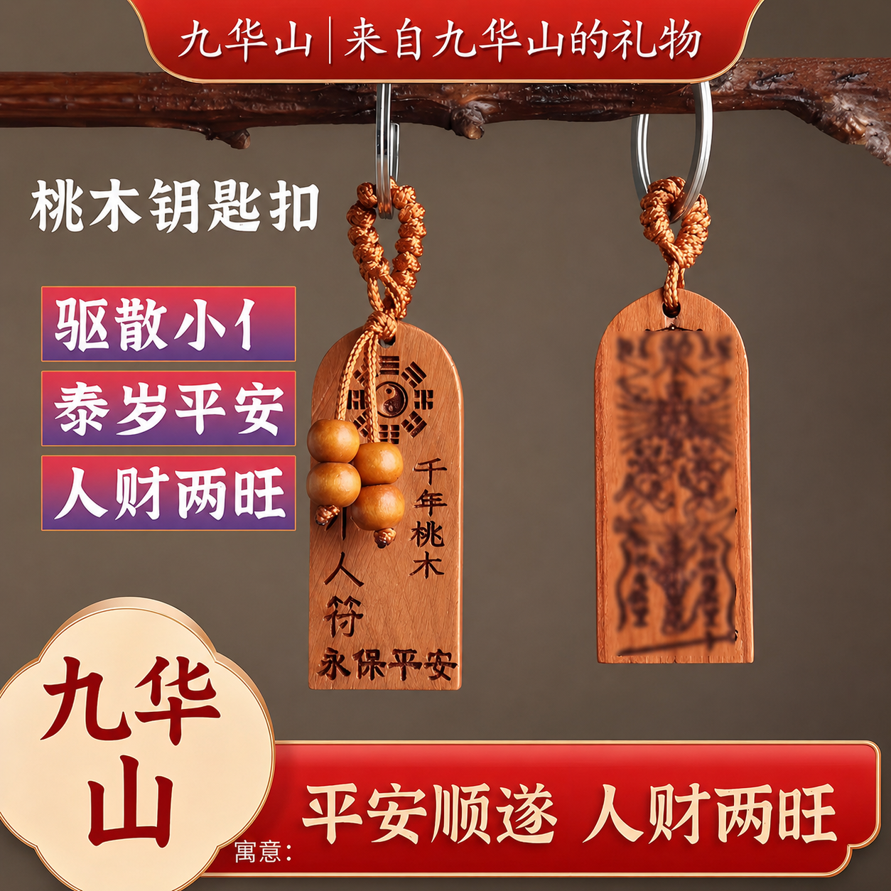 九华山祝福2026年丙午马年随身平安桃木钥匙扣链挂件饰本命年太岁