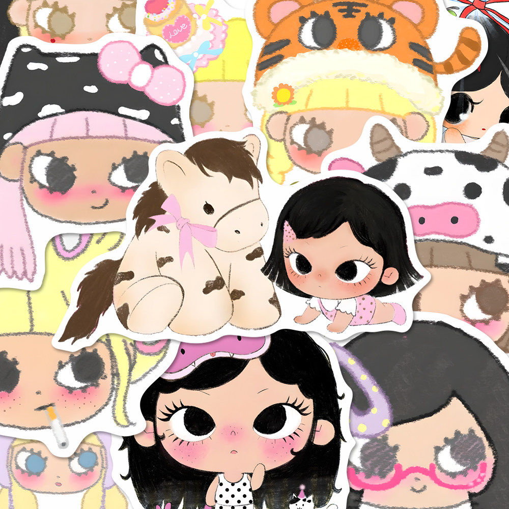 124张治愈手绘贴纸二次元热门卡通小女孩插画风创意手账贴画装饰