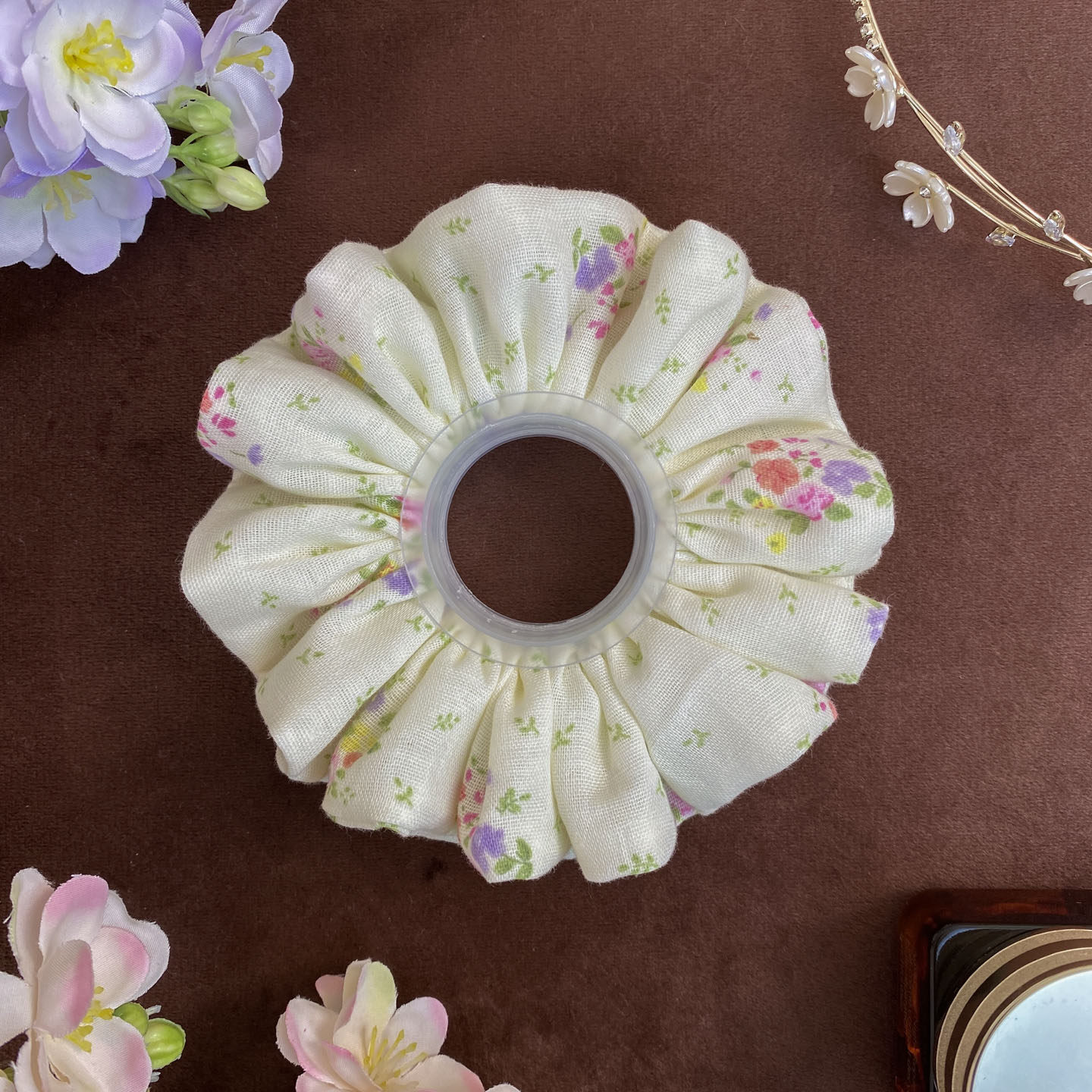 原创手作大肠发圈甜美浅黄色小碎花自制小肠圈头绳女棉纱软糯舒适