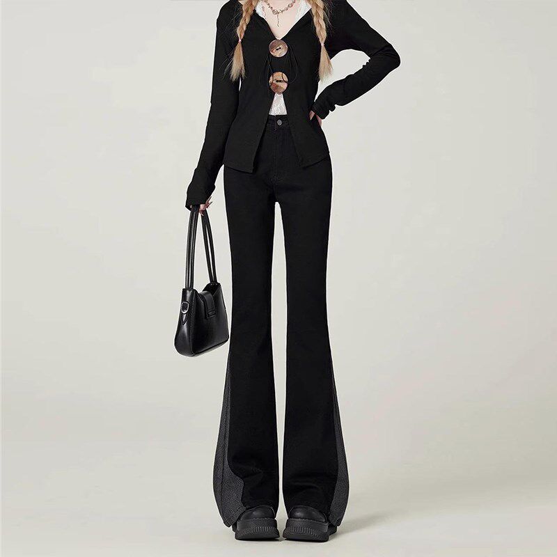 胖mm大码女装设计感拼接黑色牛仔裤女秋冬新款加绒女裤保暖阔腿裤