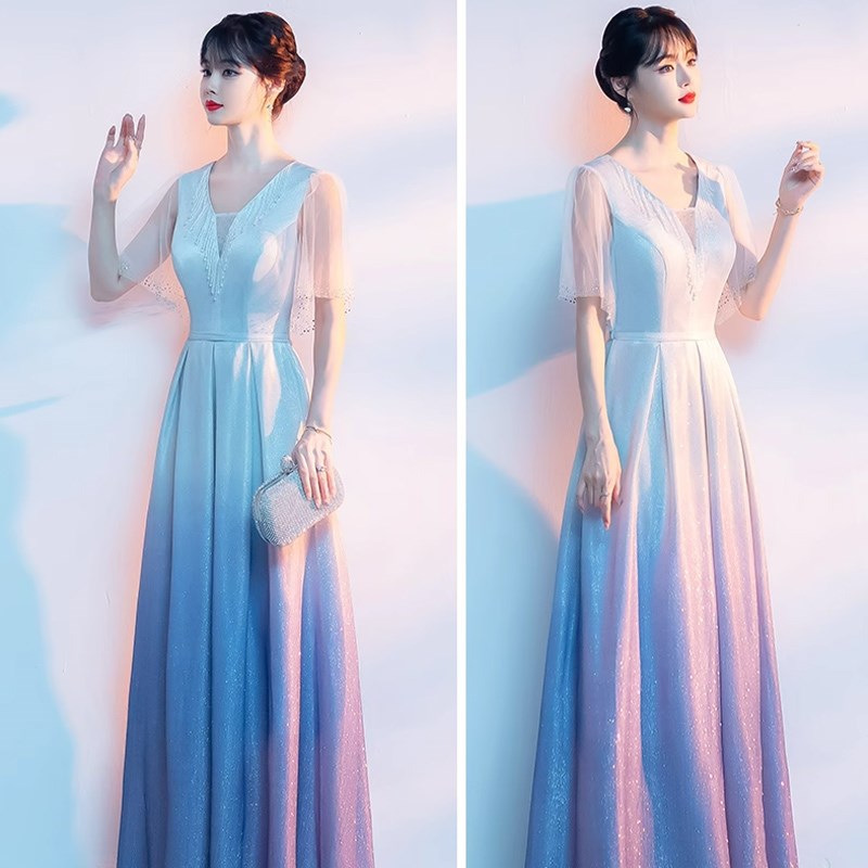 大合唱团演出服女长裙2024新款主持人礼服红歌诗歌朗诵比赛表演服