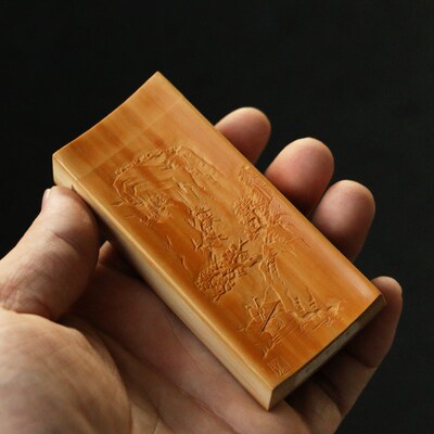 十几年一体老玉竹沪上精工制作东阳名家向平本工浅浮雕山水黄蛉盒