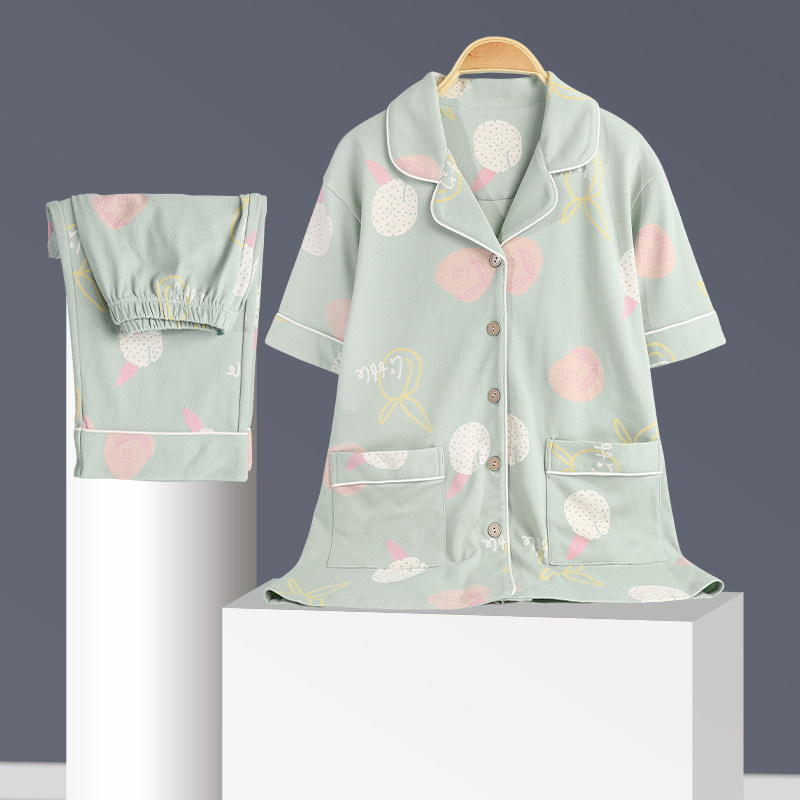 睡衣女夏纯棉短袖七分裤薄款开衫家居服夏天甜美宽松大码居家套装