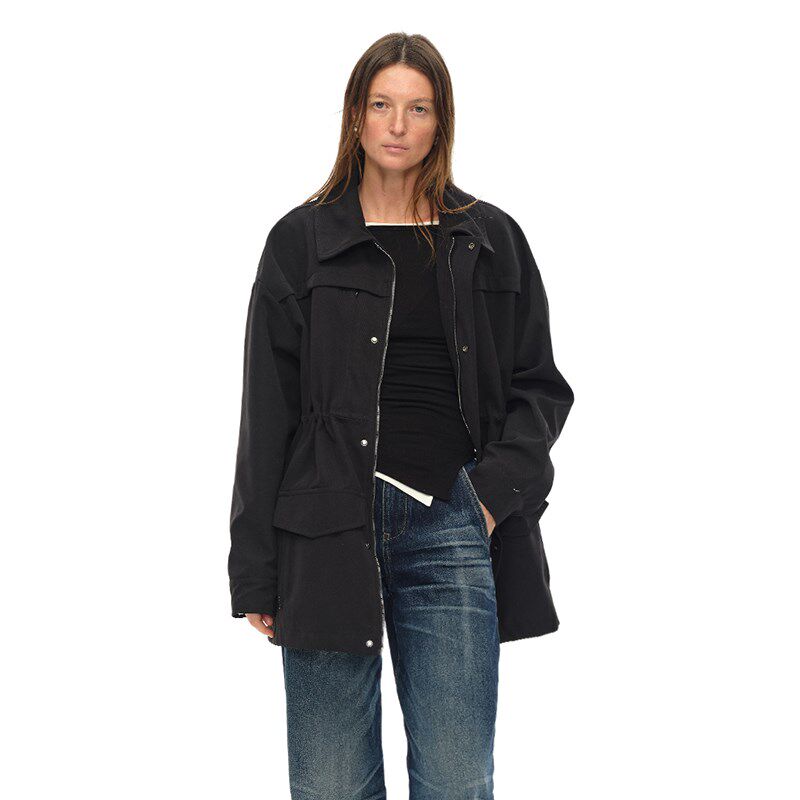 EMPTY PAGE 黑色中长款加厚抽绳风衣外套