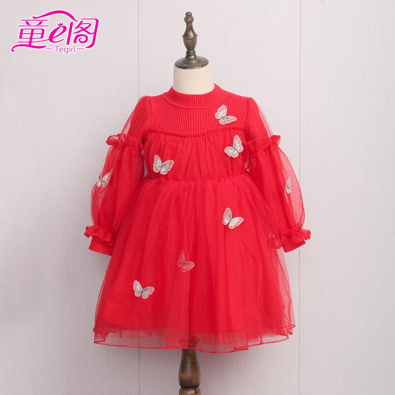 女童针织衫连衣裙儿童秋冬装加绒中大童洋气蝴蝶绣花网纱毛衣裙子
