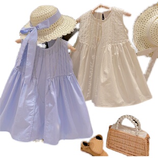 2023夏季新款女童法式简约气质公主裙儿童洋气无袖纯棉背心连衣裙