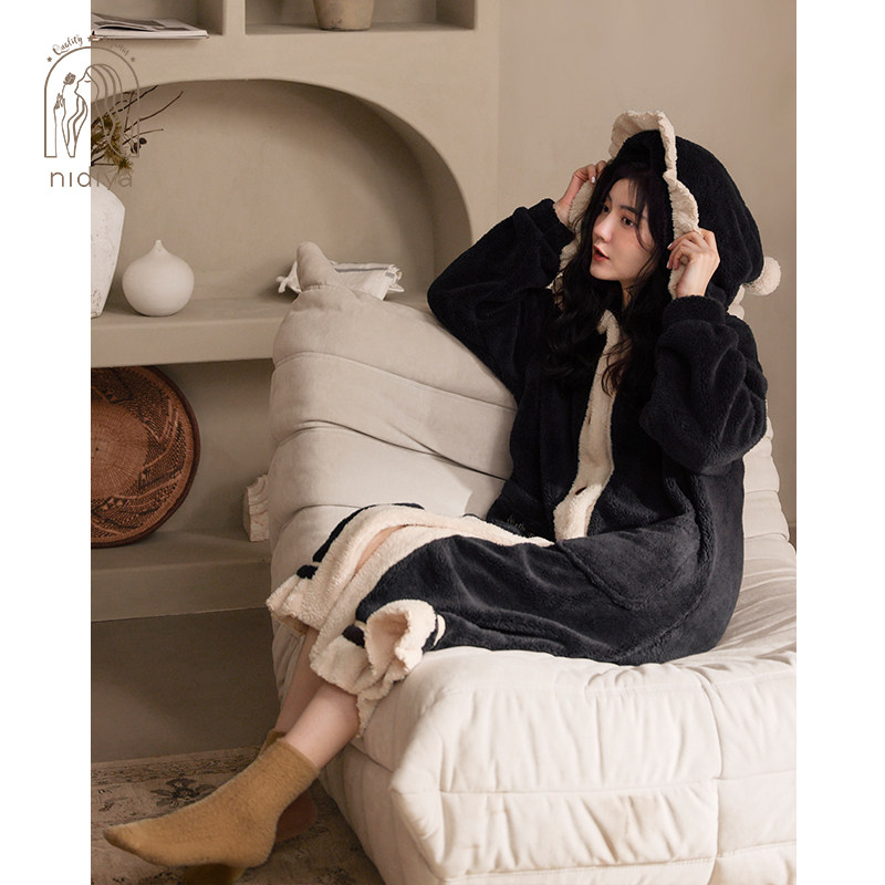 妮狄娅2022睡衣睡袍女秋冬季加厚保暖珊瑚绒带帽中长款浴袍家居服