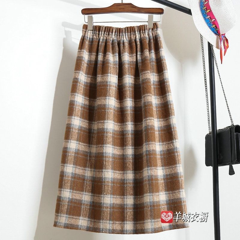红色毛呢格子半身裙秋冬女小个子开叉裙子半裙冬裙大码胖mm300斤