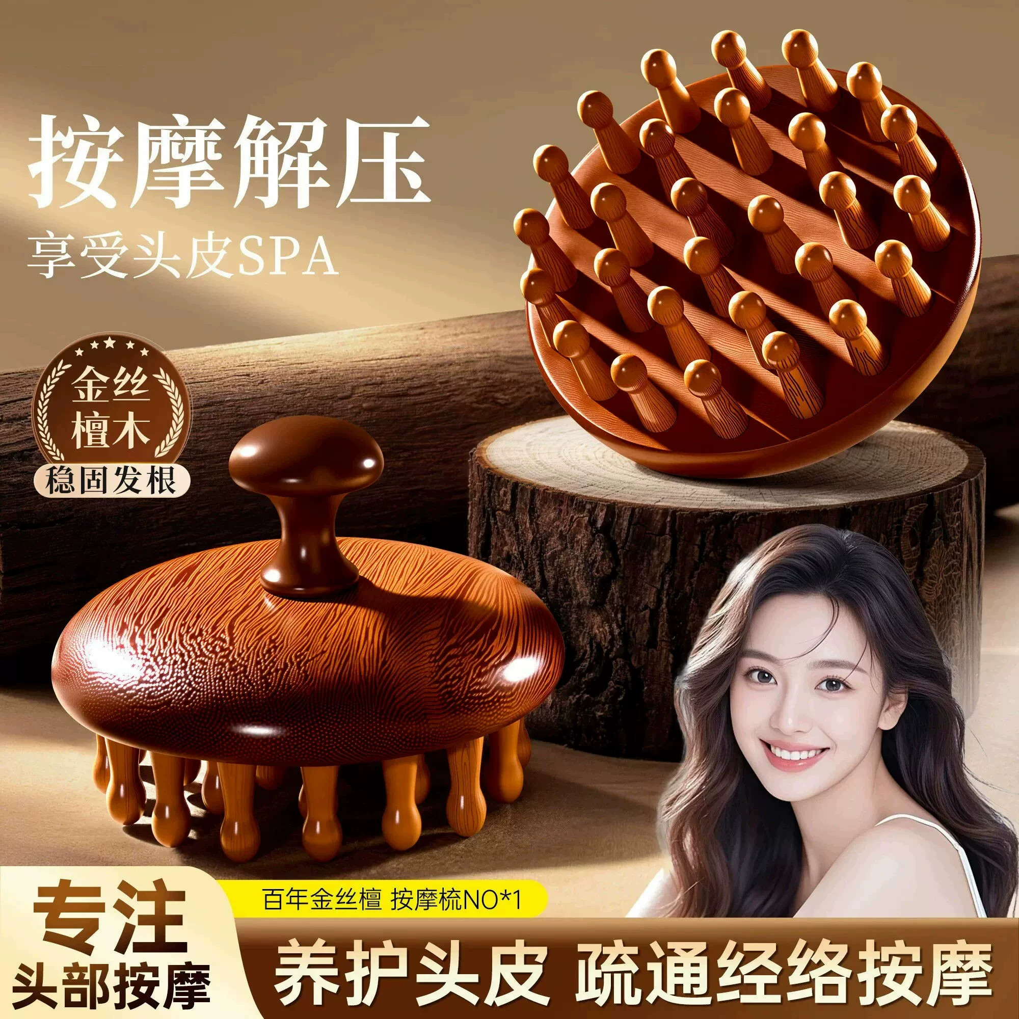 高端檀木圆盘按摩梳头部头皮经络梳毛囊疏通神器养发保健梳子通用