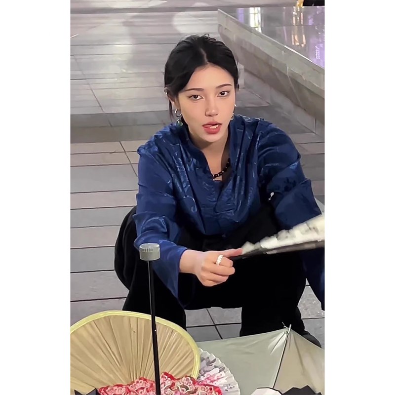 新中式男装中f国风藏青色衬衫高级感春季清冷感立领盘扣衬衣唐装