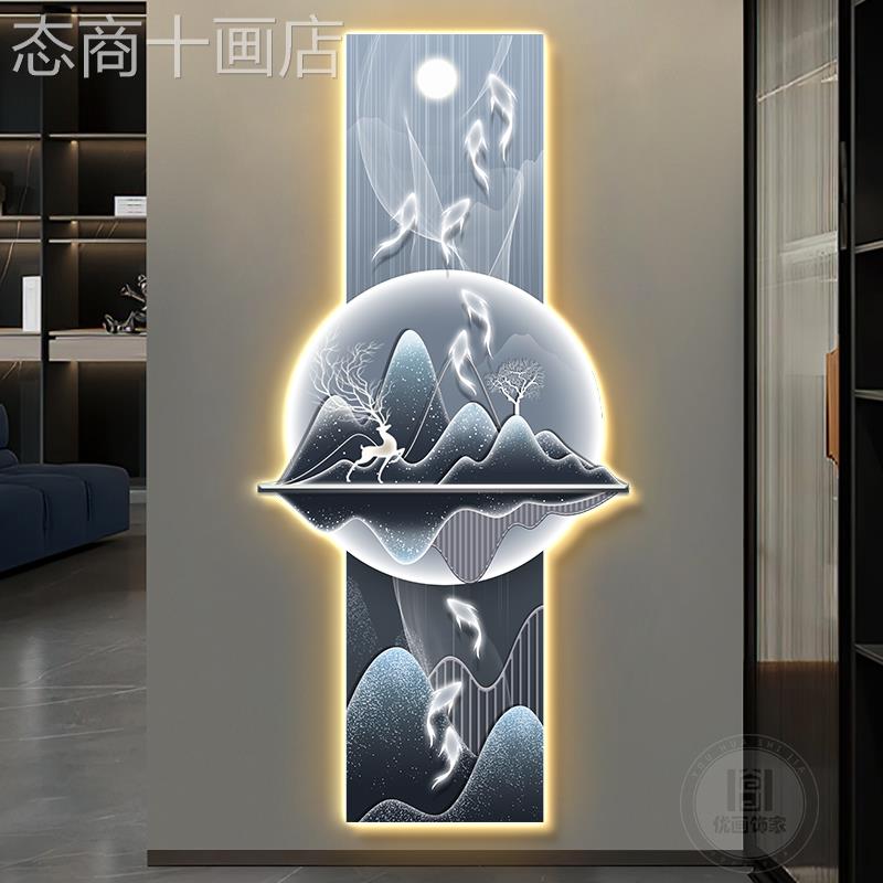 网红奢简鱼图关装饰入画户门竖壁灯画约麋鹿别墅玄版走廊过道轻挂图片