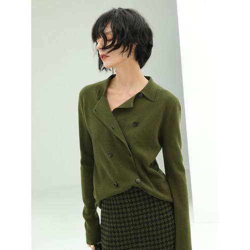 COCOBELLA[苔藓绿]简约双排扣翻领毛衣针织开衫MZ152C