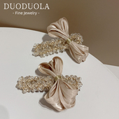 新款 香槟色复古水晶发夹蝴蝶结重工鸭嘴夹手工串珠侧边夹子刘海夹