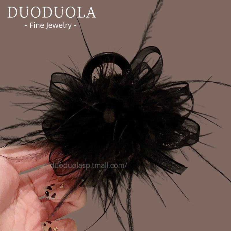 新款黑色羽毛抓夹女后脑勺气质鲨鱼夹公主头半扎发头饰高级感发夹