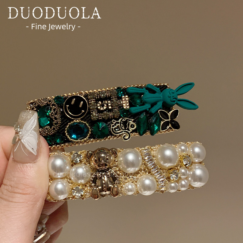 复古韩版重工镶钻发夹卡通兔子小熊BB夹气质高级感后脑勺发卡边夹