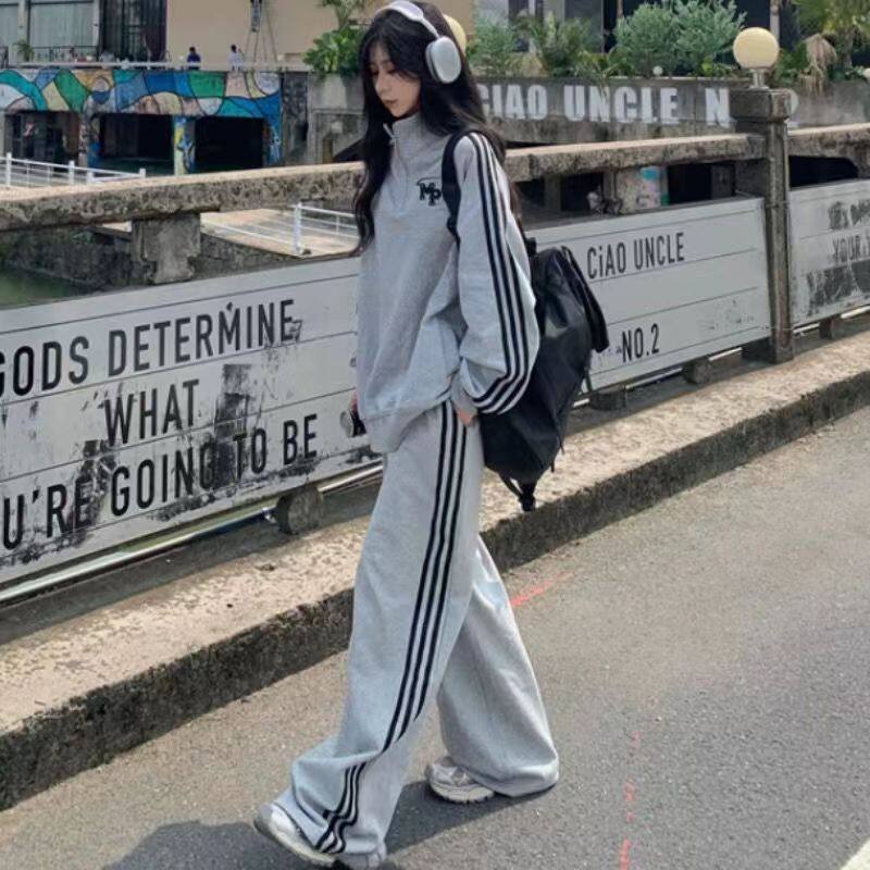 美式炸街休闲运动服套装女学生春秋宽松立领半拉链卫衣裤两件套