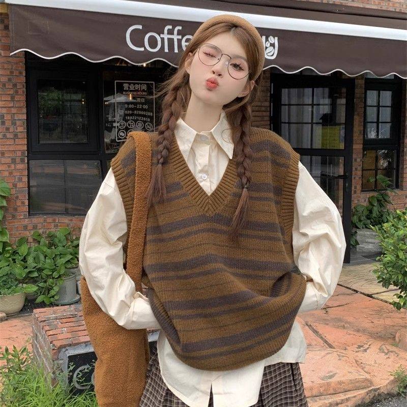 学院风设计感条纹叠穿针织马甲女学生秋冬小众百搭毛衣背心两件套