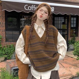 学院风设计感条纹叠穿针织马甲女学生秋冬小众百搭毛衣背心两件套