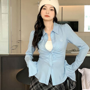 法式辣妹绑带衬衫女春秋新款喇叭袖修身纯欲风设计感小众长袖上衣