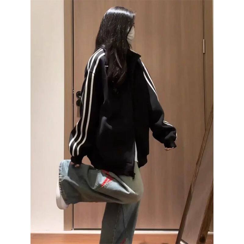 黑色初秋三条杠卫衣外套