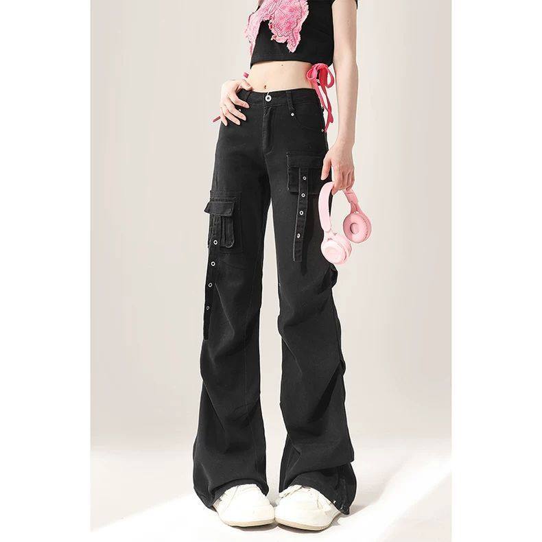 黑色工装牛仔裤女秋季穿搭2024新款美式复古高街窄版直筒阔腿裤子