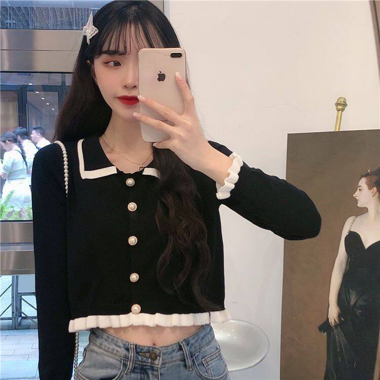 秋季韩版2024新款显瘦时尚百搭减龄短款长袖上衣女POLO领针织衫冬