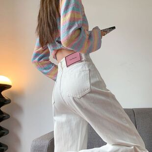 春秋新款白色窄版阔腿牛仔裤女美式高腰遮肉小个子宽松显瘦直筒裤