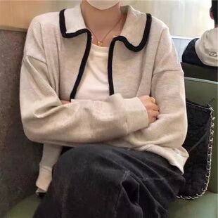 灰色polo拉链无帽卫衣外套女秋季正肩开衫薄款长袖小个子短款上衣