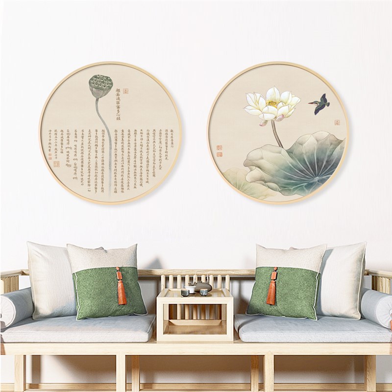 新中式荷花挂画圆形实木框玄关墙画茶室水墨禅意挂画书房装饰画图片