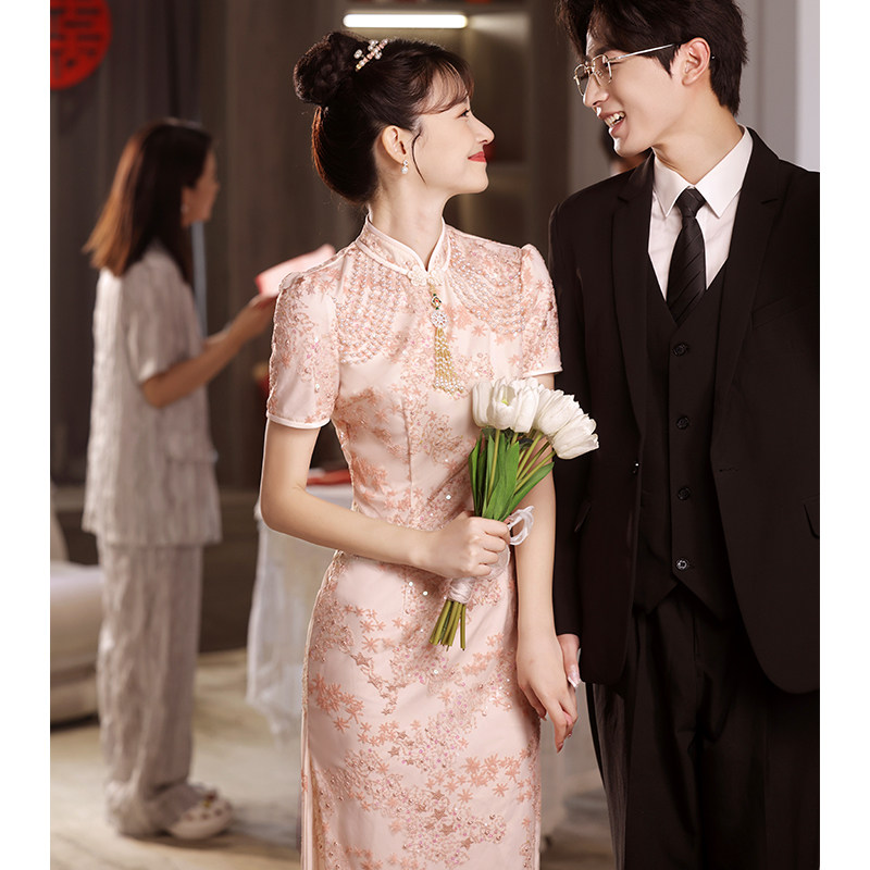 速发粉色敬酒服新婚旗结小个子中式订婚礼服连衣裙改良袍娘高级轻
