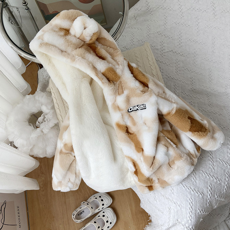 2023新款儿童冬季加绒外套男宝宝加厚中长版女童皮草男童毛毛棉衣