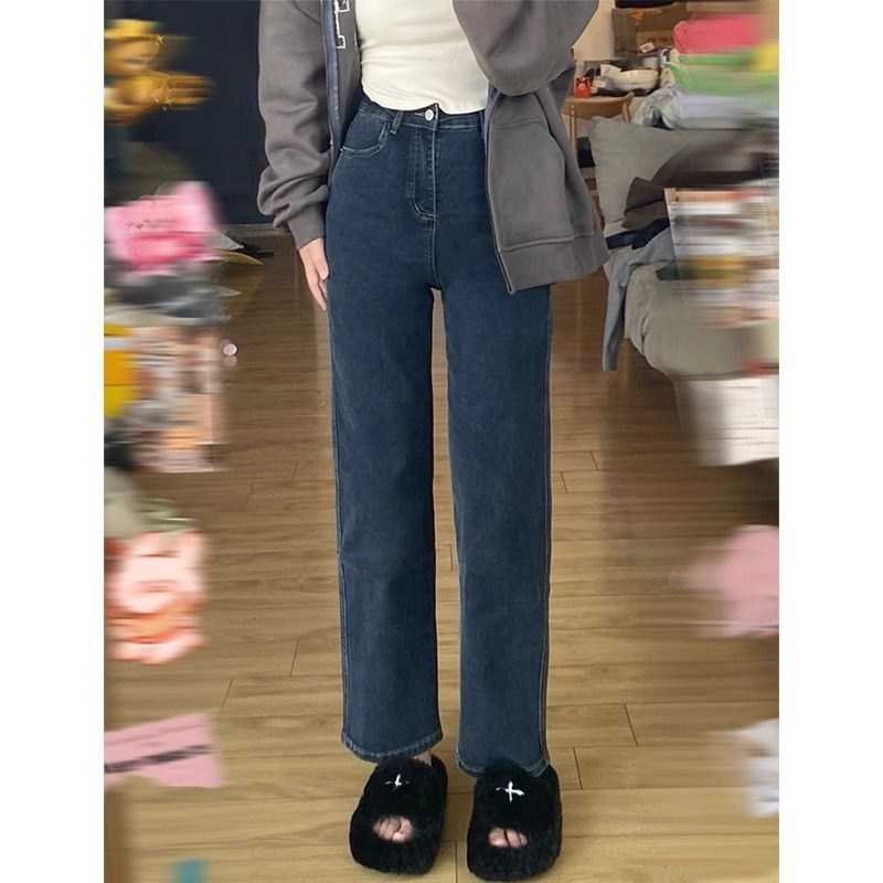 蓝灰直筒牛仔裤女秋冬新款胖妹妹mm高腰显瘦阔腿长裤梨形身材裤子