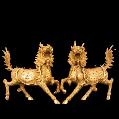 纯铜麒麟摆件一对黄铜火麒麟招财客厅办公室纯家用福禄麒麟大小号