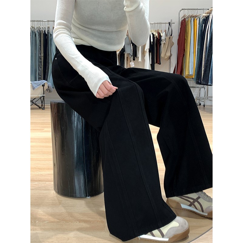 黑色阔腿牛仔裤女秋冬新款胖妹妹mm高腰宽松显瘦梨形身材直筒长裤