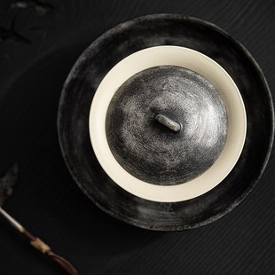 家用泡茶碗防烫手抓碗 圭隐堂复古手工鎏银粗陶盖碗粉引侘寂风日式