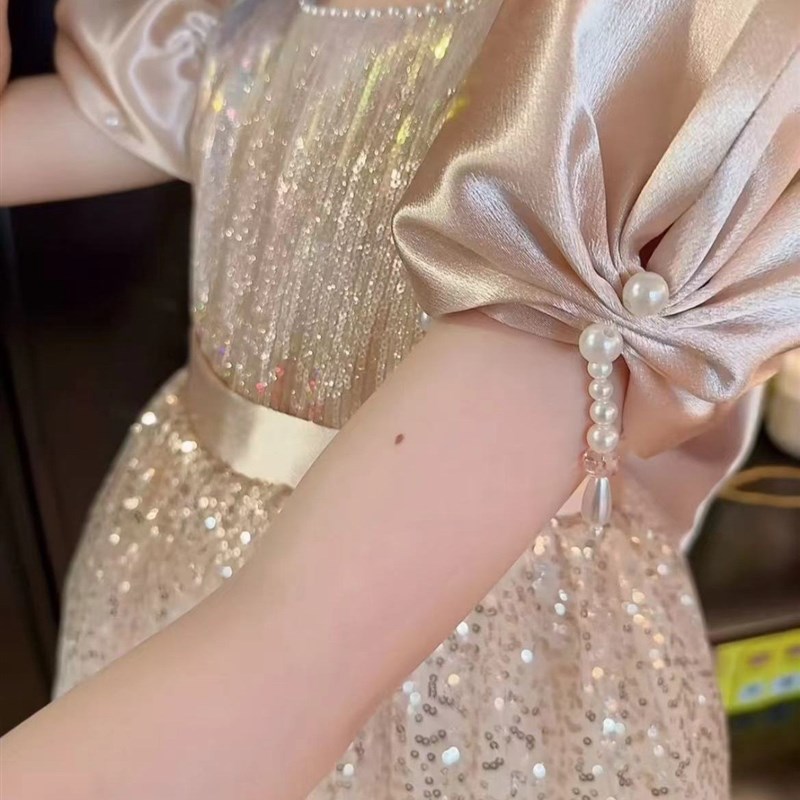 2024夏季新款女童气质高定闪闪连衣裙香槟珍珠礼服裙女孩主持裙子
