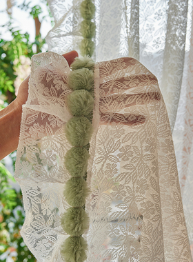 法式蕾丝窗帘白色纱帘阳台客厅绿色毛球花边免打孔魔术贴隔断门帘