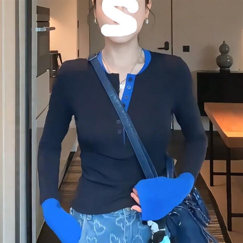撞色拼接假两件v领长袖t恤女大码胖mm秋季短款修身内搭打底衫上衣
