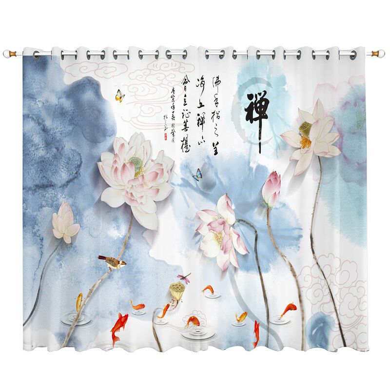 新中式荷花窗帘遮光禅意中国风古典水墨山水画客厅透光不透人纱帘