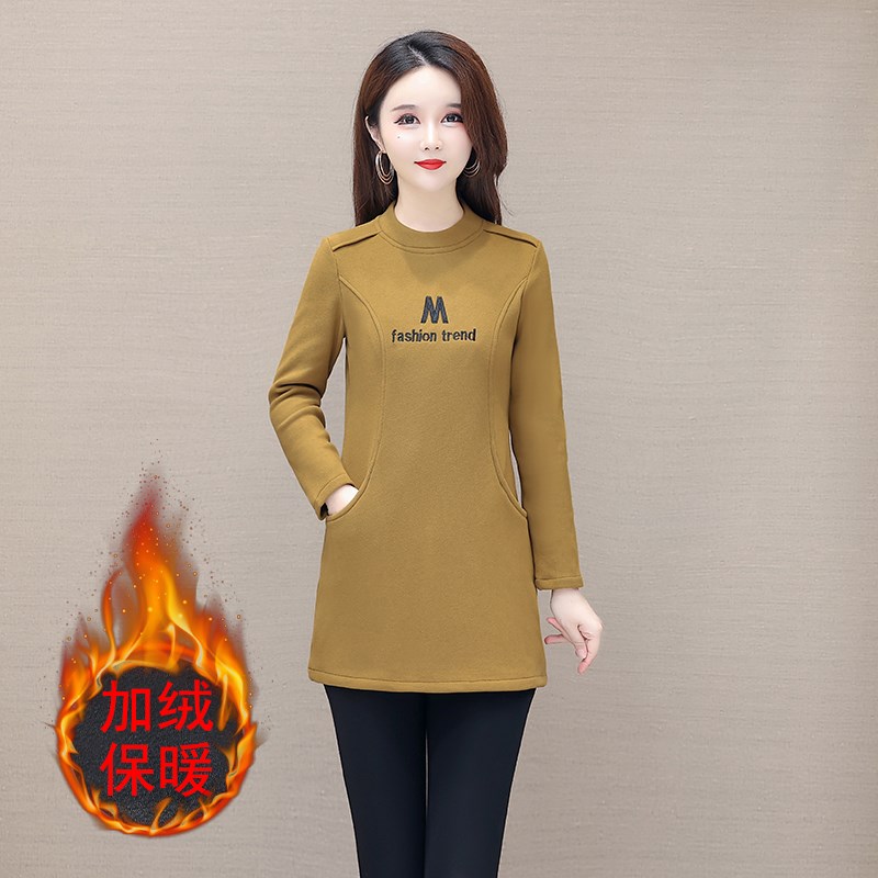 中年女秋冬装加绒长袖上衣中长款加厚保暖衣卫衣妈妈打底衫中老年