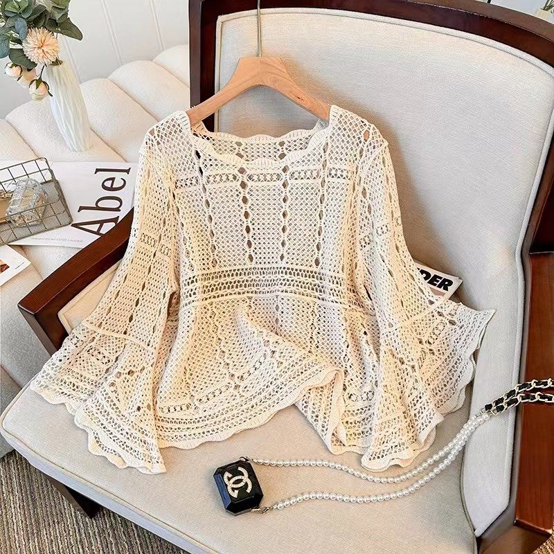 你很美大洪时尚百搭镂空勾花喇叭袖针织衫夏女度假感一字肩显瘦,女装/女士精品,毛针织衫,淘宝优惠券,粉丝福利购,淘宝优惠卷
