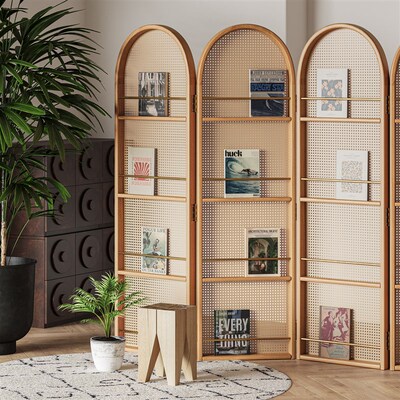 谷及实木简约屏风藤编艺术客厅房间移动小屏风隔断U折叠书架置物
