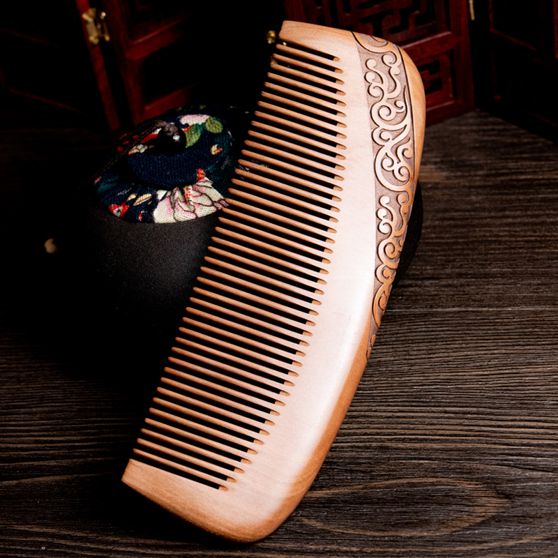 郎府老桃木梳子双面雕花顺发梳长发造型梳长款Q大号家用梳细齿梳