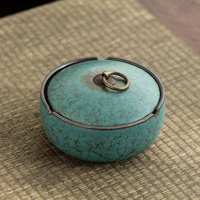 万匠窑变带盖烟灰l缸复古中式家用客厅办公室大号陶瓷烟灰缸防飞